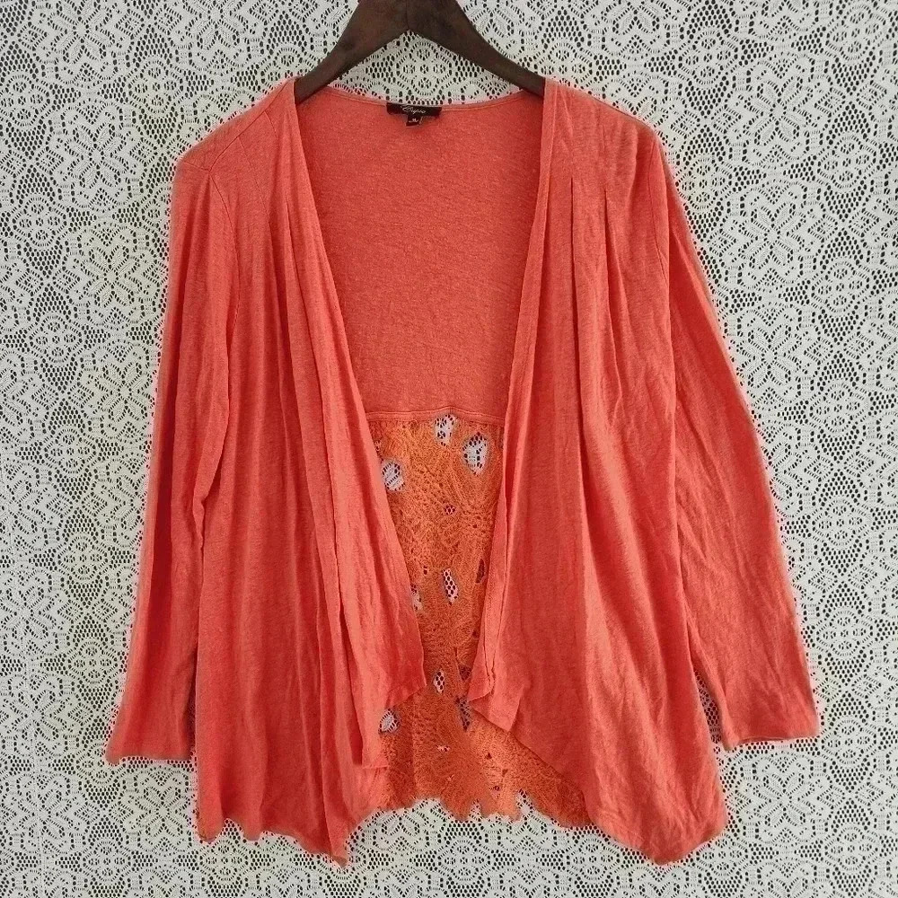 Cupio Linen blend open front cut out crochet women's sweater cardigan M